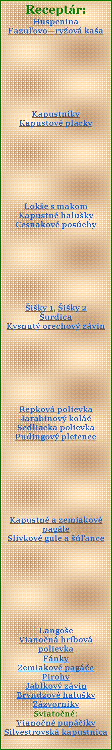 Textov pole: Receptr:HuspeninaFazuovoryov kaaKapustnky Kapustov placky Loke s makomKapustn halukyCesnakov poschyiky 1, iky 2urdicaKysnut orechov zvinRepkov polievkaJarabinov kolSedliacka polievkaPudingov pletenecKapustn a zemiakov pagleSlivkov gule a anceLangoeVianon hrbov polievkaFnkyZemiakov pagePirohyJablkov zvinBryndzov halukyZzvornkySviaton:Vianon pupikySilvestrovsk kapustnica