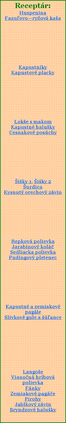 Textov pole: Receptr:HuspeninaFazuovoryov kaaKapustnky Kapustov placky Loke s makomKapustn halukyCesnakov poschyiky 1, iky 2urdicaKysnut orechov zvinRepkov polievkaJarabinov kolSedliacka polievkaPudingov pletenecKapustn a zemiakov pagleSlivkov gule a anceLangoeVianon hrbov polievkaFnkyZemiakov pagePirohyJablkov zvinBryndzov haluky